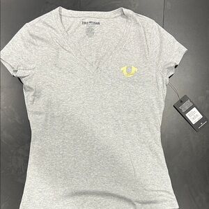 New True Religion Light Gray V-Neck Tee with Yellow Logo